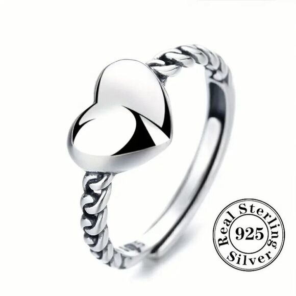 Sterling Silver Heart Ring Womens Cute Design Adjustable Swirl Band New - Picture 3 of 9